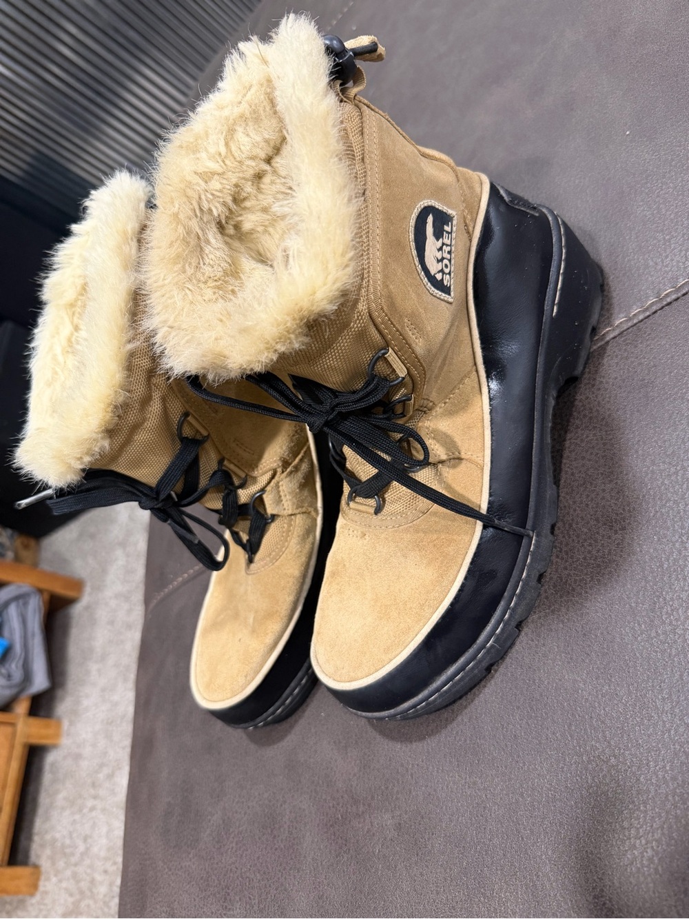 Sorel Tan and Black Faux-Fur Lace-Up Winter Boots